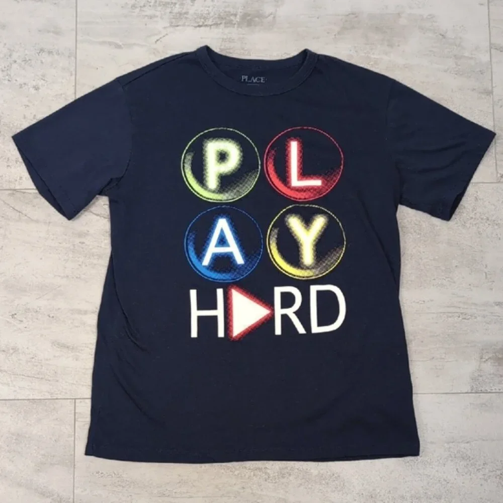 The Childrens Place Graphic Gaming Tee Navy Blue Play Hard Boys Youth XL 14